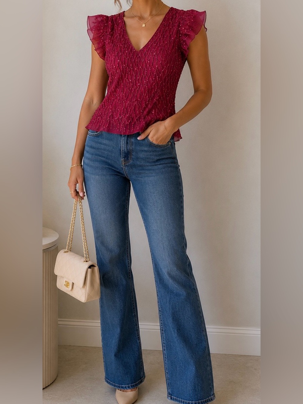 JKara New York Vintage Burgundy Beaded Top Size Small